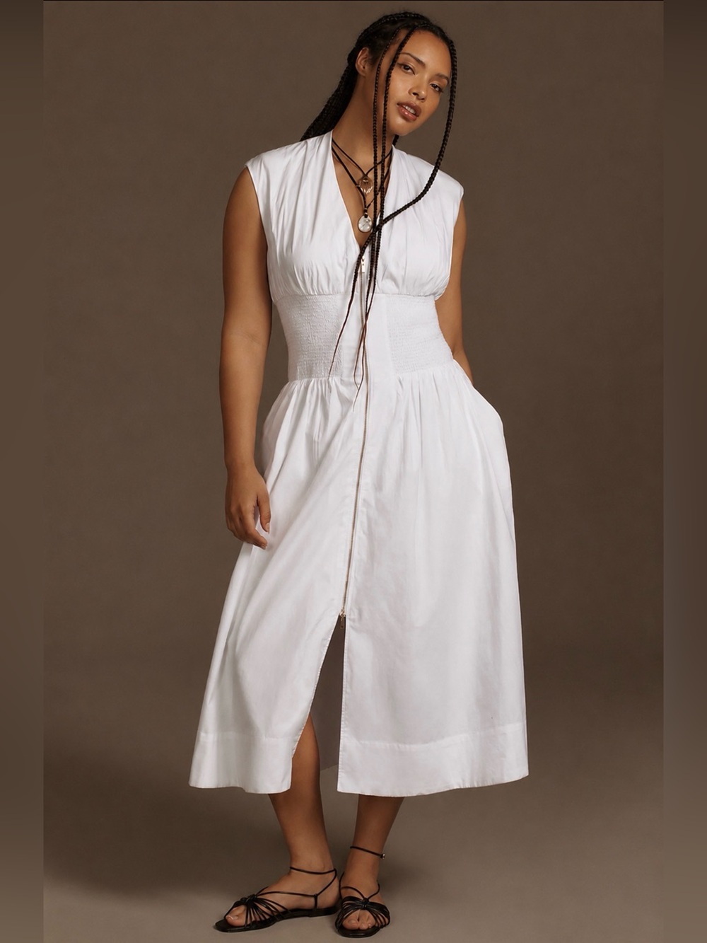 Anthropologie Tommie Cap Sleeve Smocked Zip Front Midi Shirt Dress White Size M - Picture 4 of 13